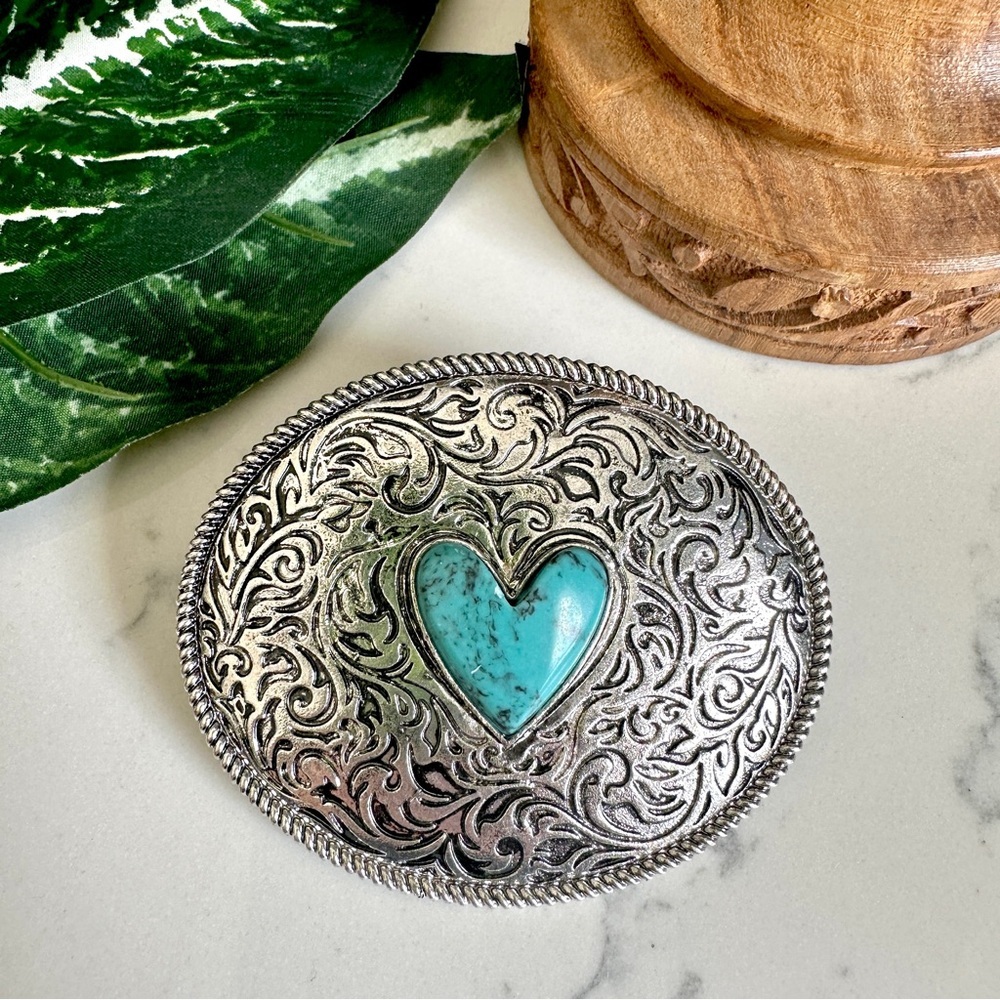 2/$30🌵 Turquoise Stone Heart Oval Metal Barrette Western Rodeo Hair Accessory - Picture 6 of 10